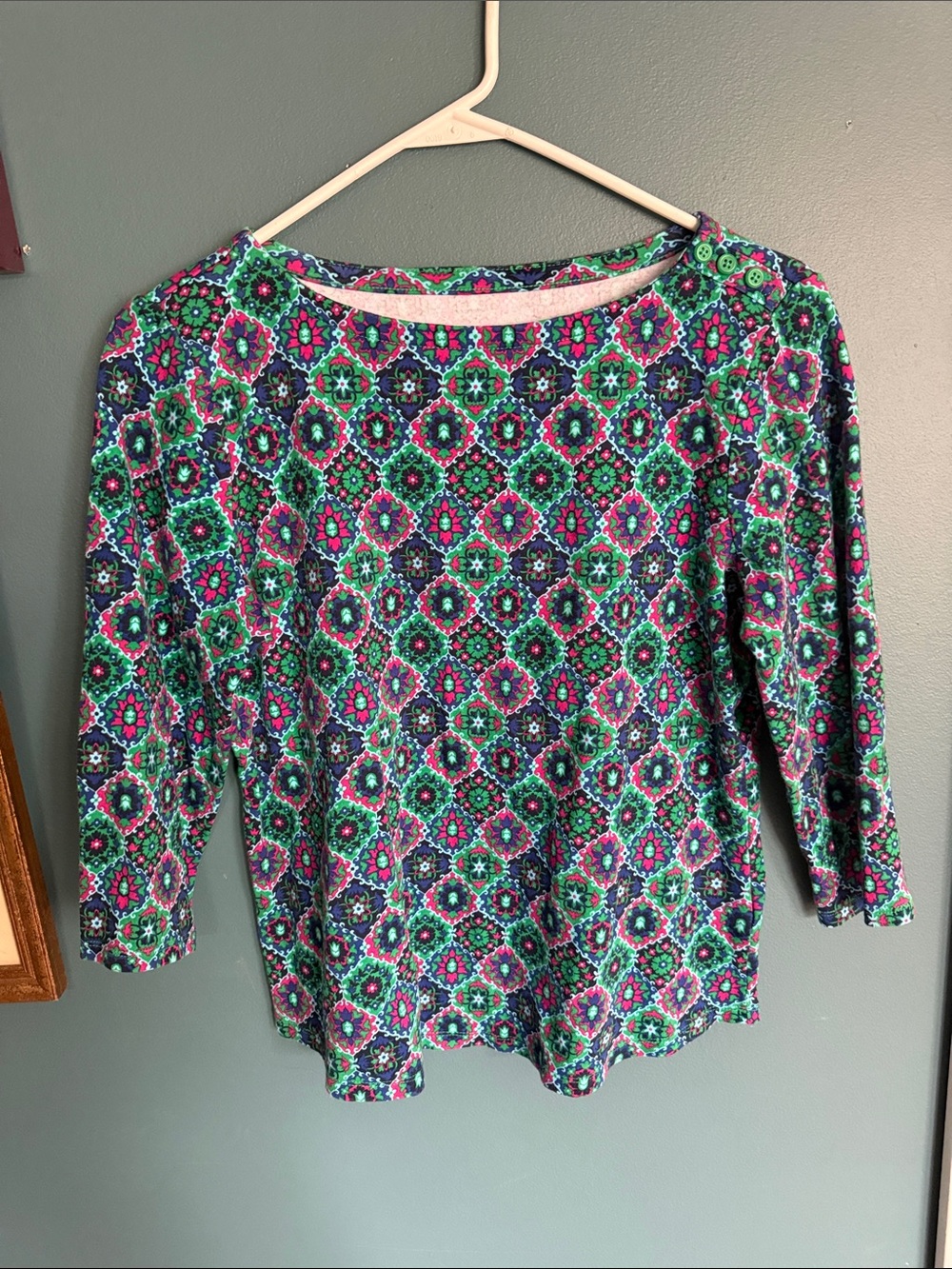 Charter Club Multicolor Geometric Long-Sleeve Top — Green & Pink